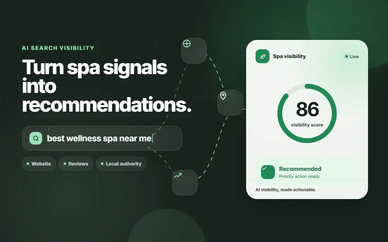 Animated AI search signals connect a spa to a recommended visibility result